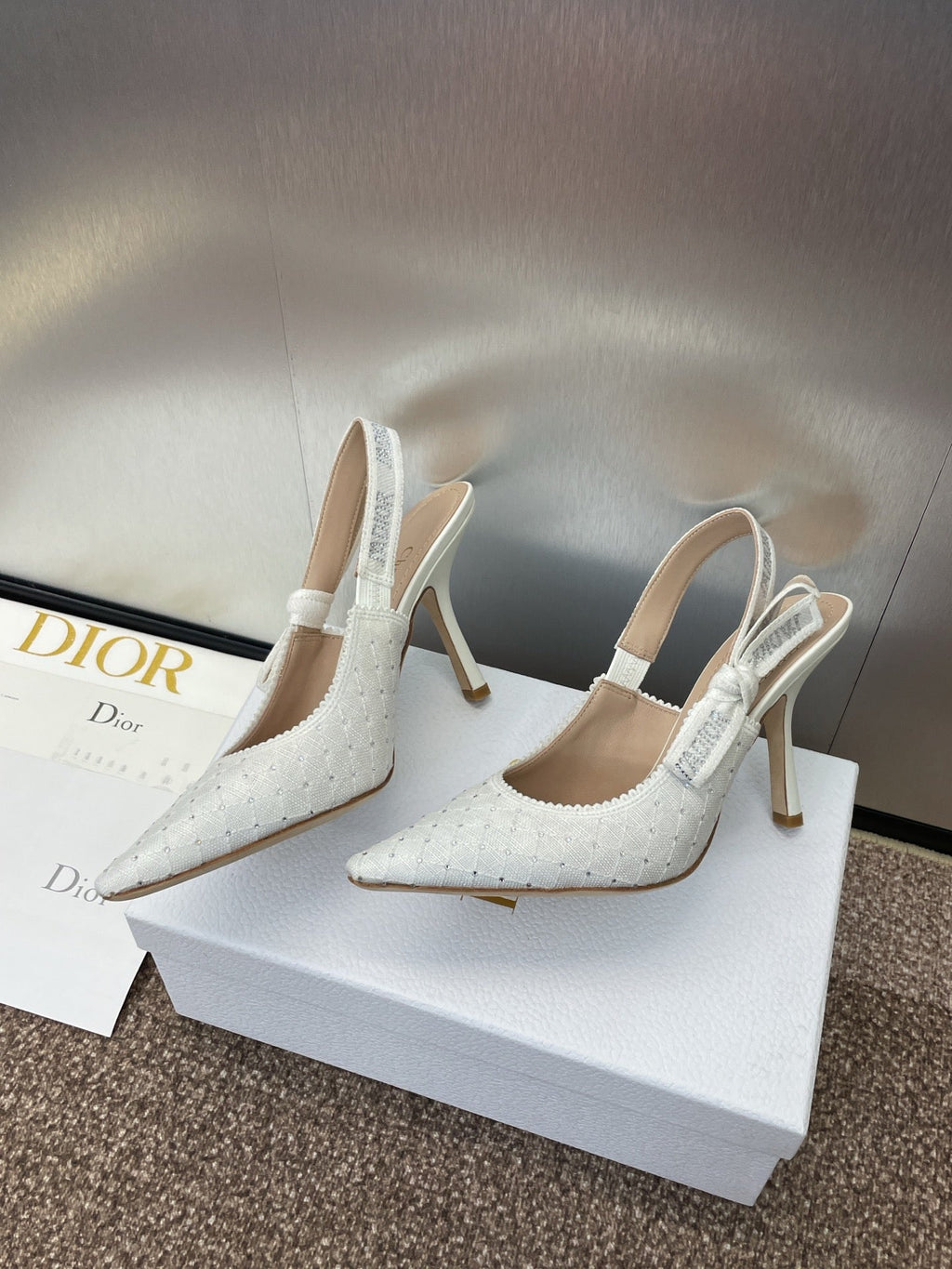 DIOR J'A SLINGBACK 25S PUMP 95MM IN WHITE FABRIC EMBOSSED CRYSTAL