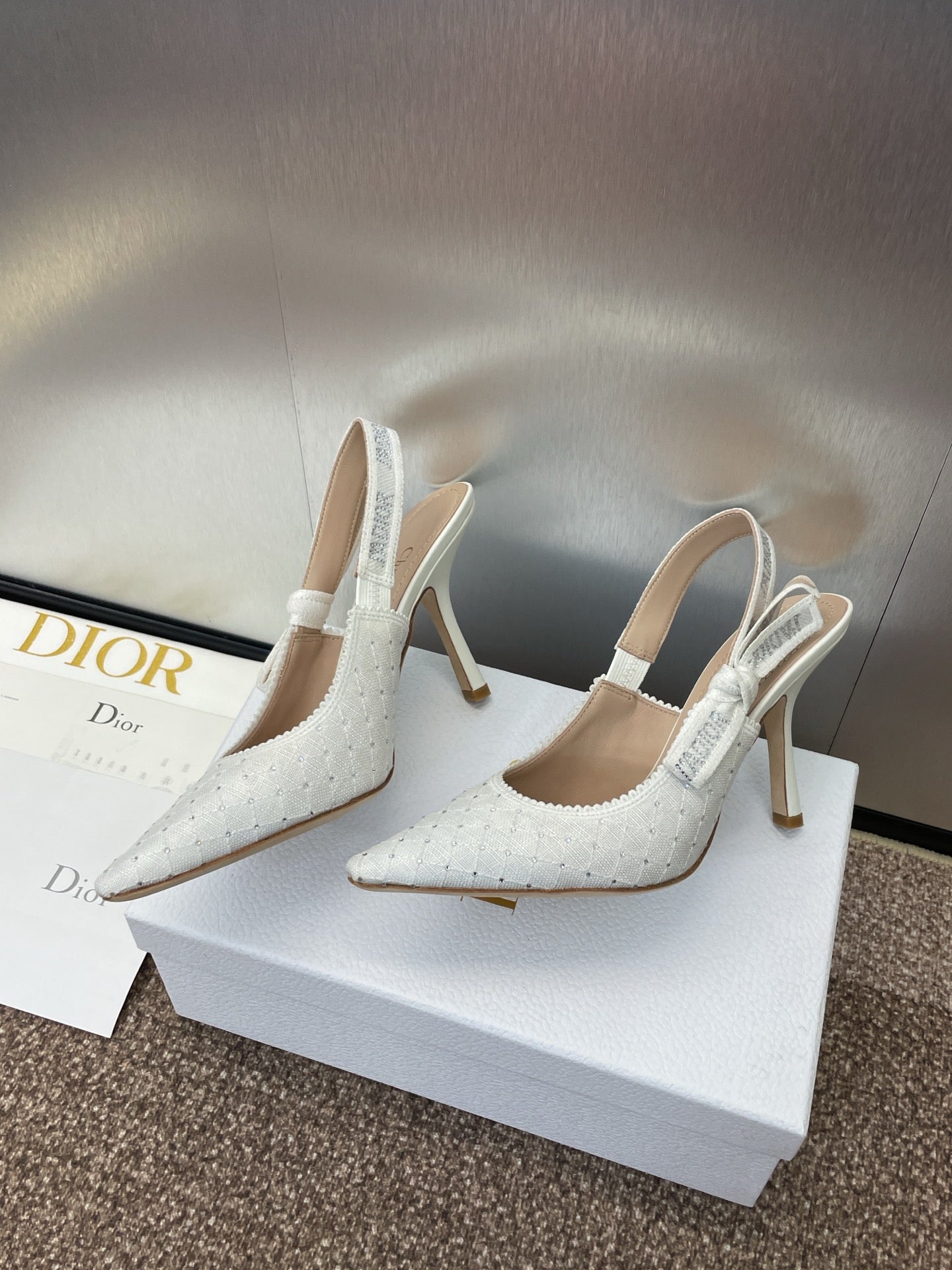 DIOR J'A SLINGBACK 25S PUMP 95MM IN WHITE FABRIC EMBOSSED CRYSTAL