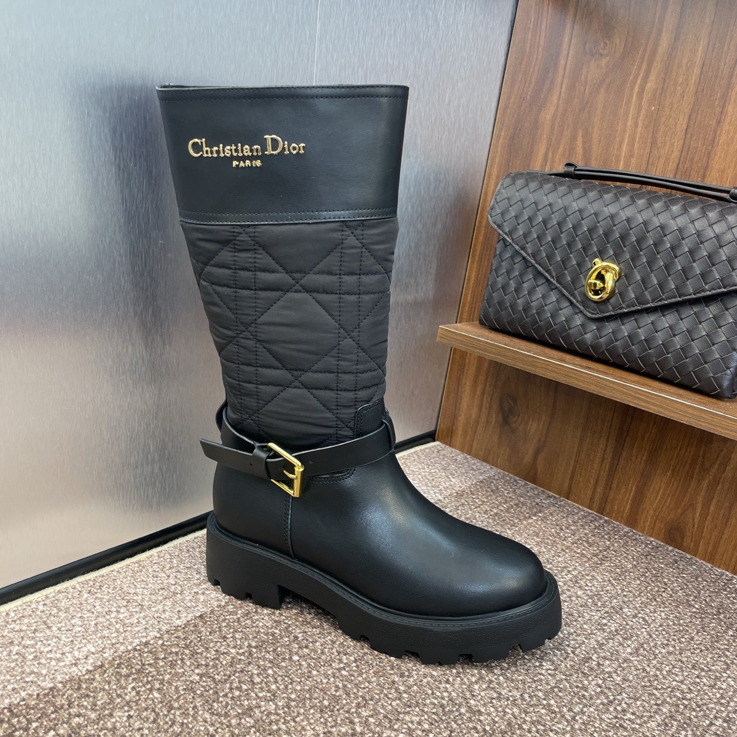 DIOR 25S D-TOWN BOOT 45MM IN BLACK CALFSKIN AND NYLON WITH EMBROIDERED CANNAGE MOTIF