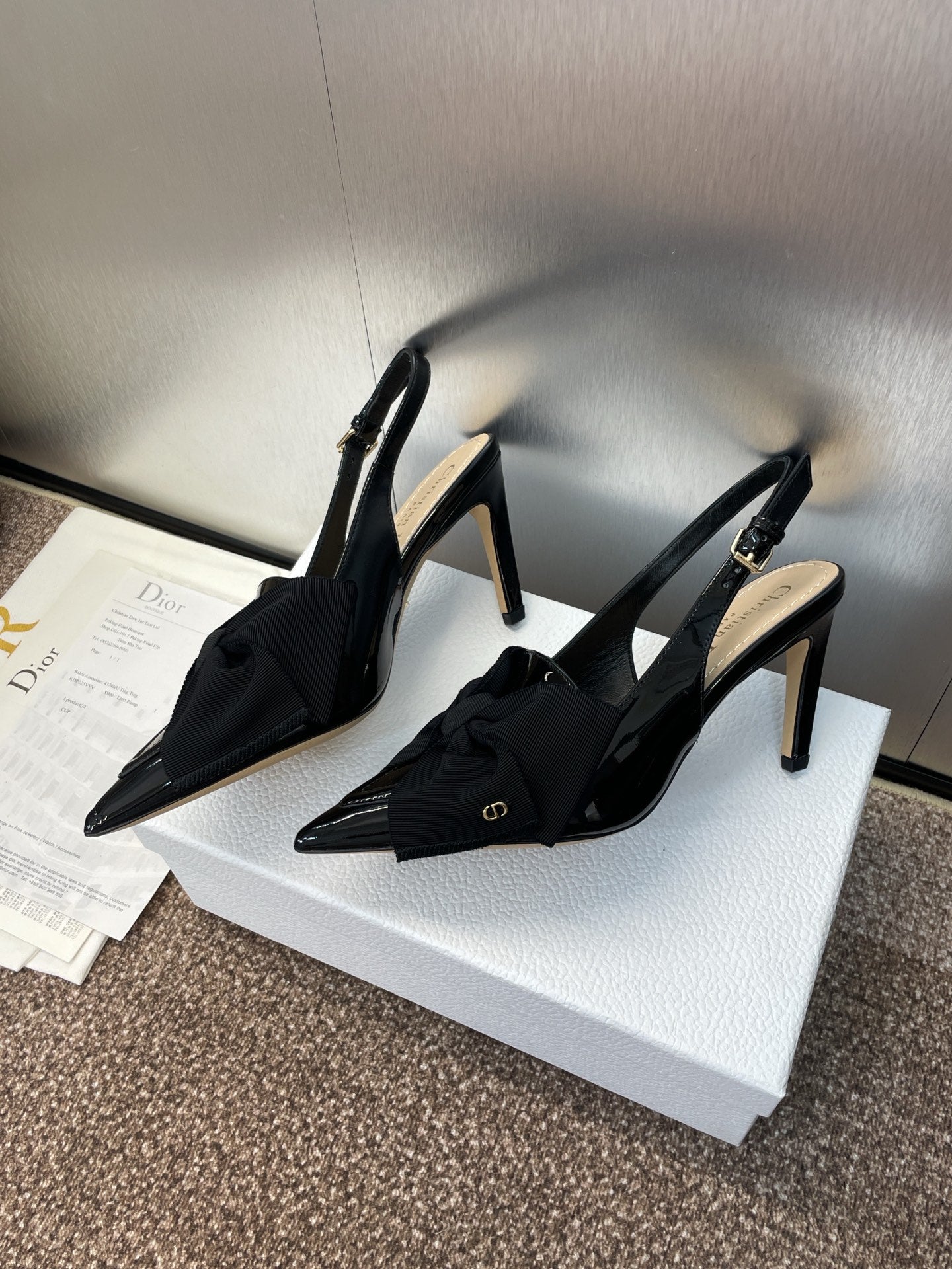 DIOR 25S SLINGBACK PUMP 80MM IN BLACK PATENT CALFSKIN AND GROSGRAIN
