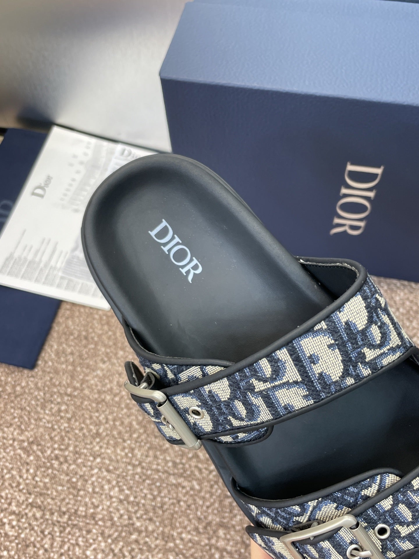 DIOR 25S ACT SLIDE IN DEEP BLUE CALFSKIN AND CANVAS SILVER HARDWARE