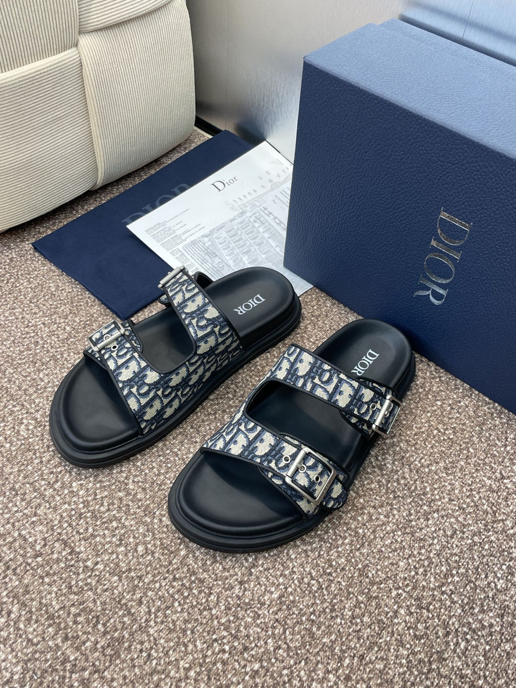 DIOR 25S ACT SLIDE IN DEEP BLUE CALFSKIN AND CANVAS SILVER HARDWARE