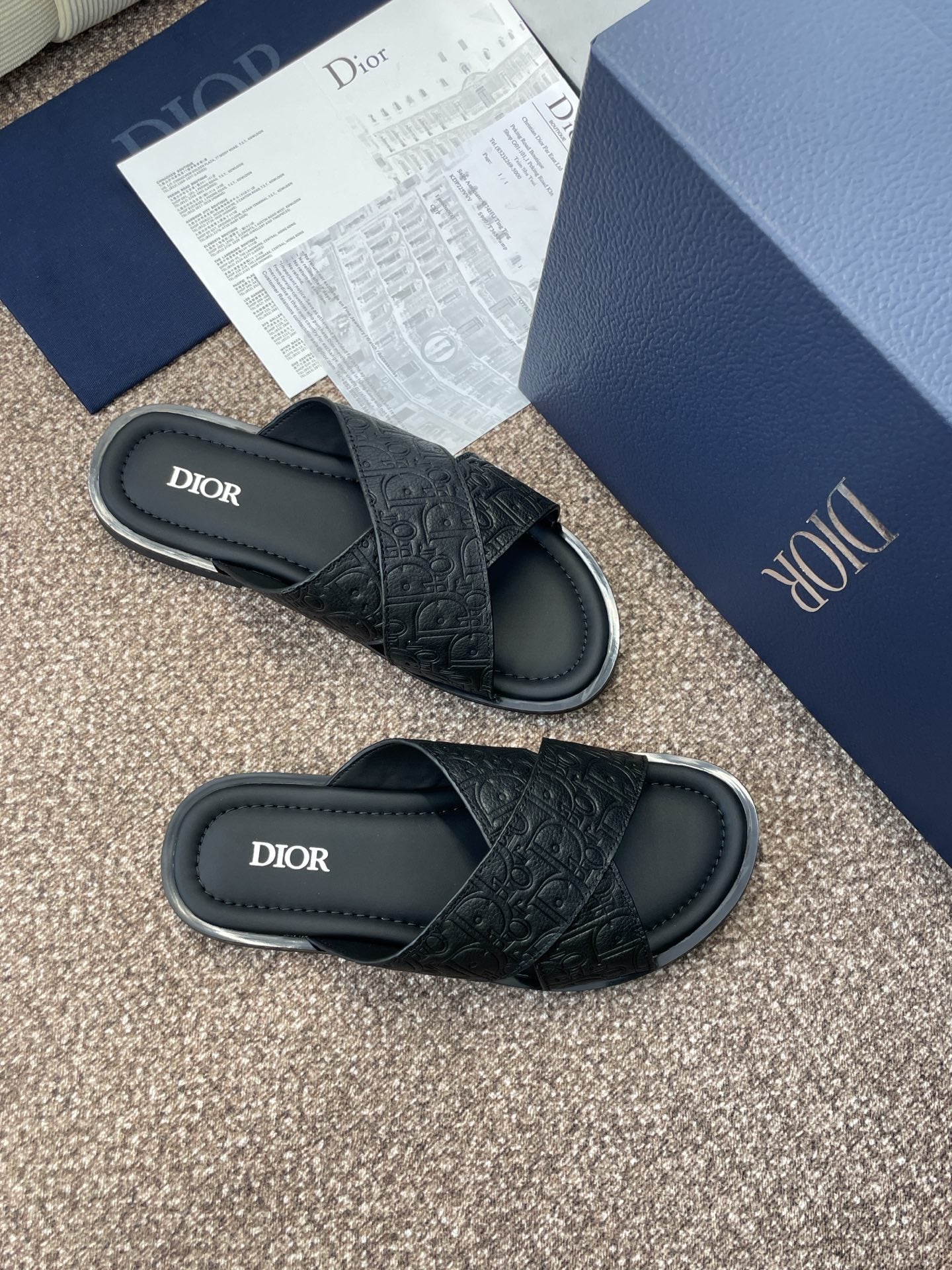 DIOR 25S ALIAS CROSS-STRAP SLIDES IN BLACK CALFSKIN