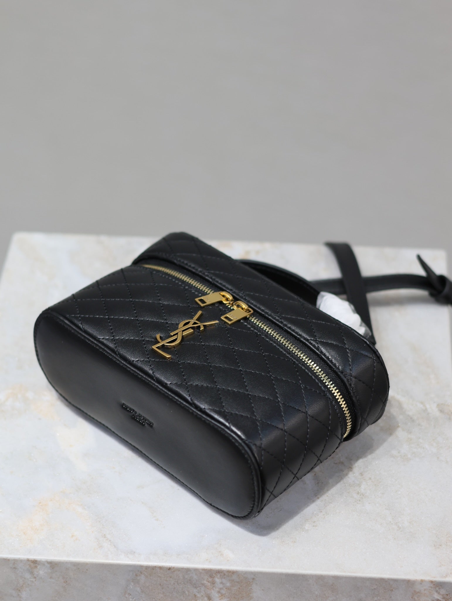 GABY MINI VANITY 18 IN BLACK QUILTED LAMBSKIN GOLD HARDWARE
