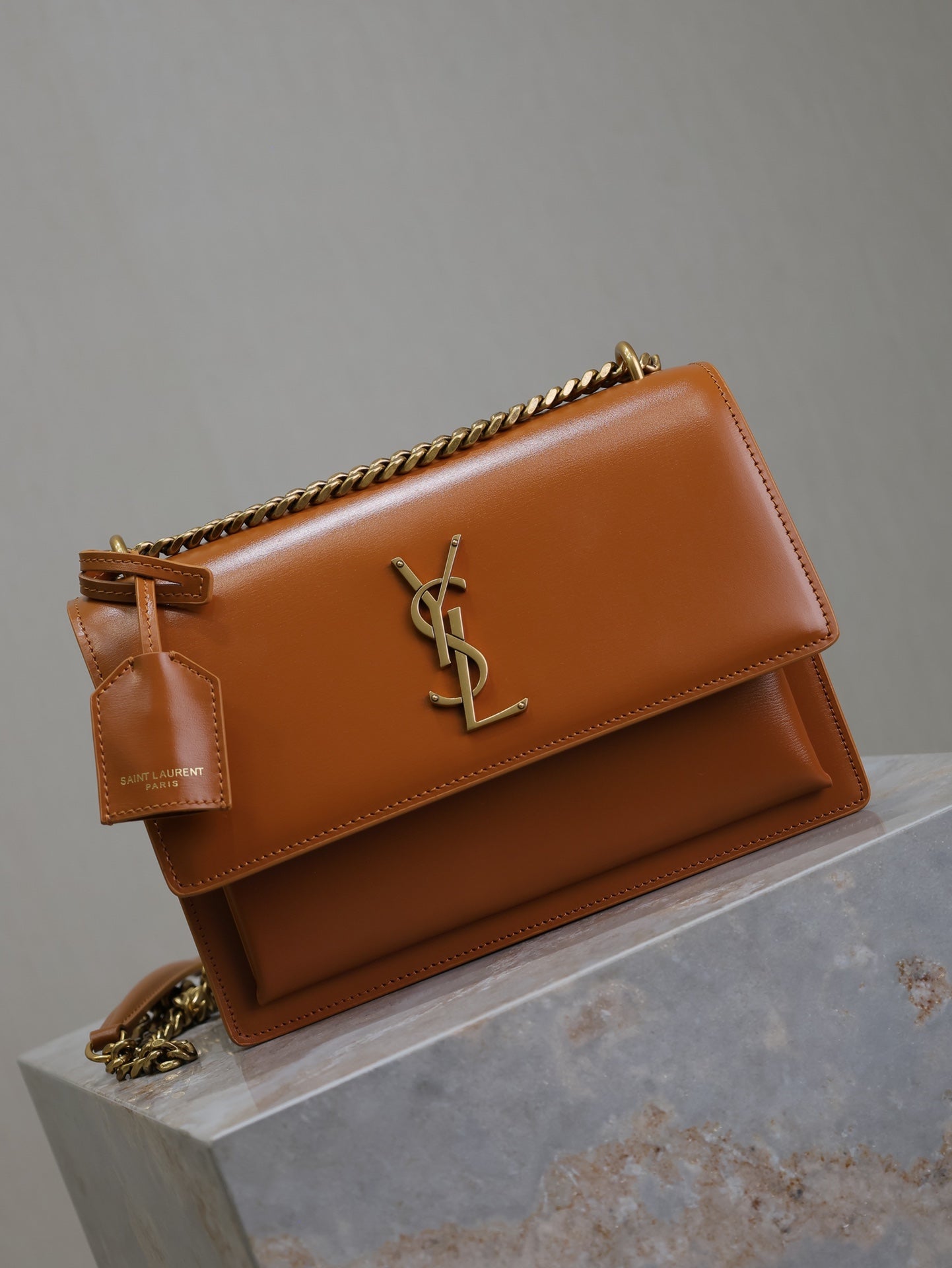YSL 25S SUNSET BAG 22 IN DARK CARAMEL CALFSKIN GOLD HARDWRE