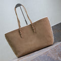 SHOPPING TOTE BAG 38 IN TAN BROWN SUEDE AND WHITE SHEARLING TRIM