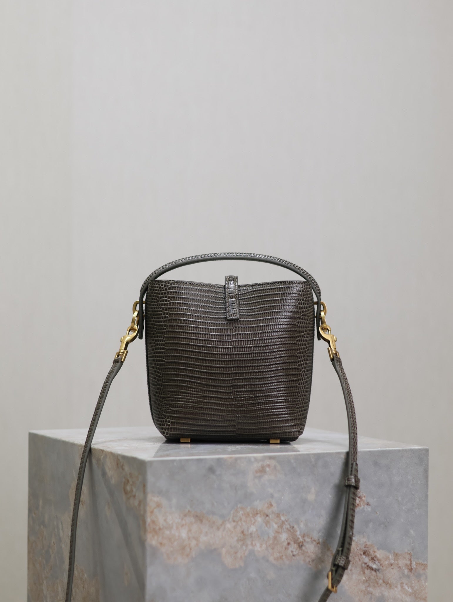 YSL 25S LE 37 MINI 15 IN BROWN LIZARD PATTERN CALFSKIN GOLD HARDWARE