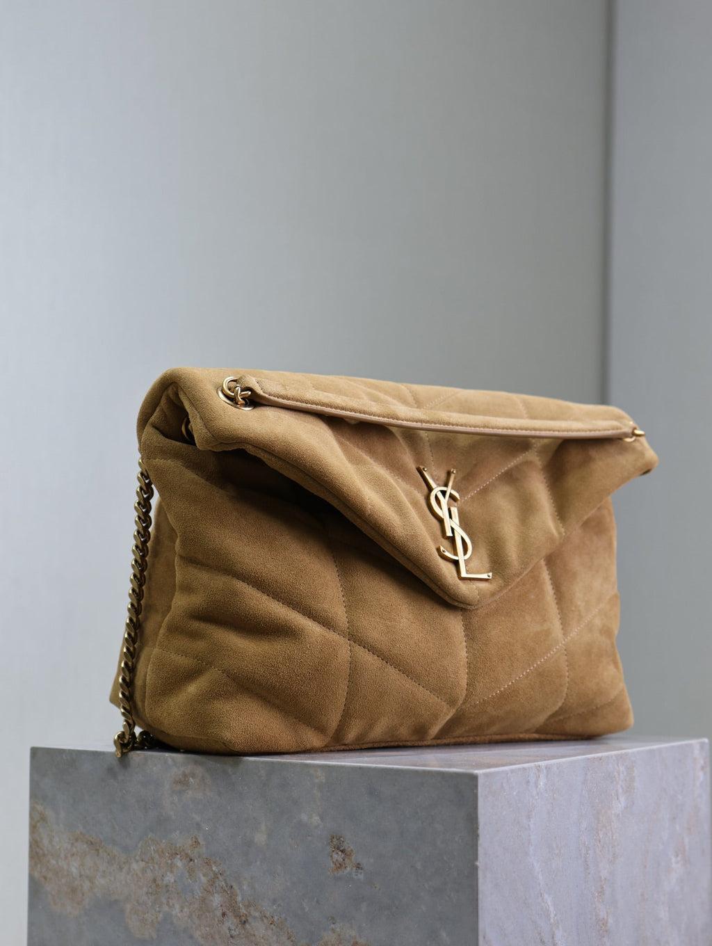 YSL 25S LOULOU PUFFER GM 35 IN TAN BROWN SUEDE GOLD HARDWRE