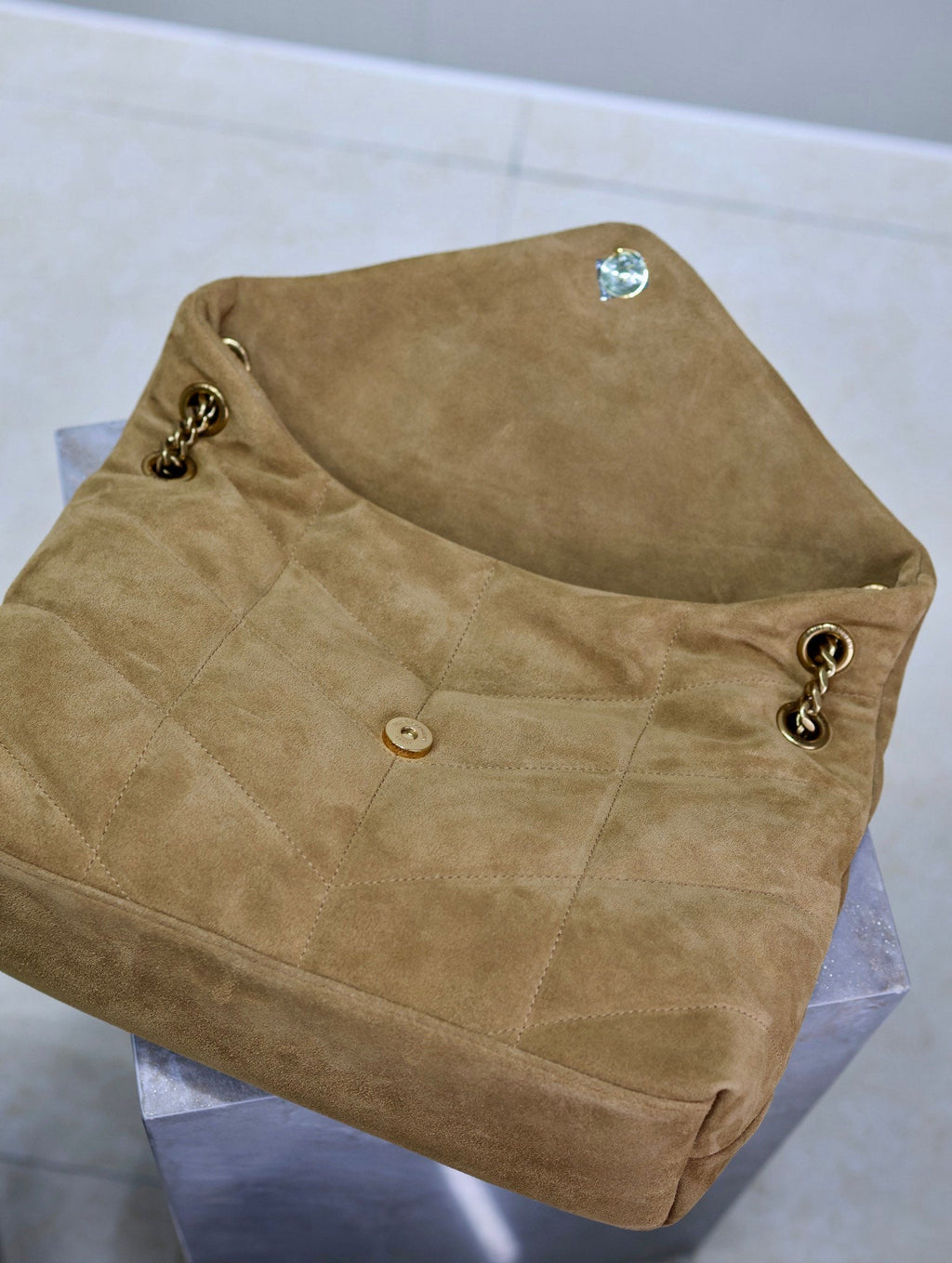 YSL 25S LOULOU PUFFER GM 35 IN TAN BROWN SUEDE GOLD HARDWRE
