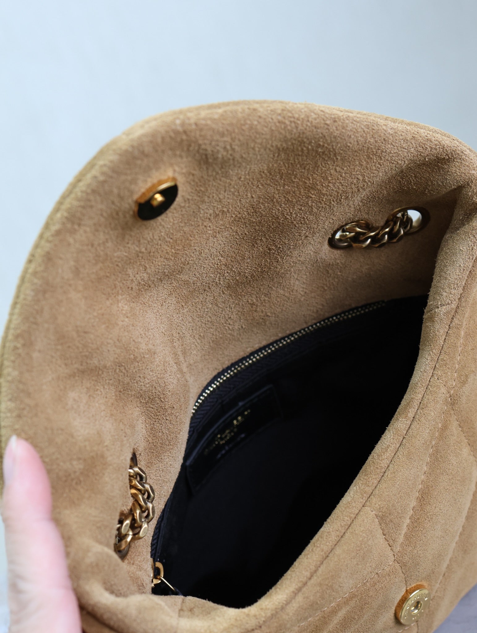 YSL 25S LOULOU PUFFER MINI 23 IN TAN BROWN SUEDE GOLD HARDWARE
