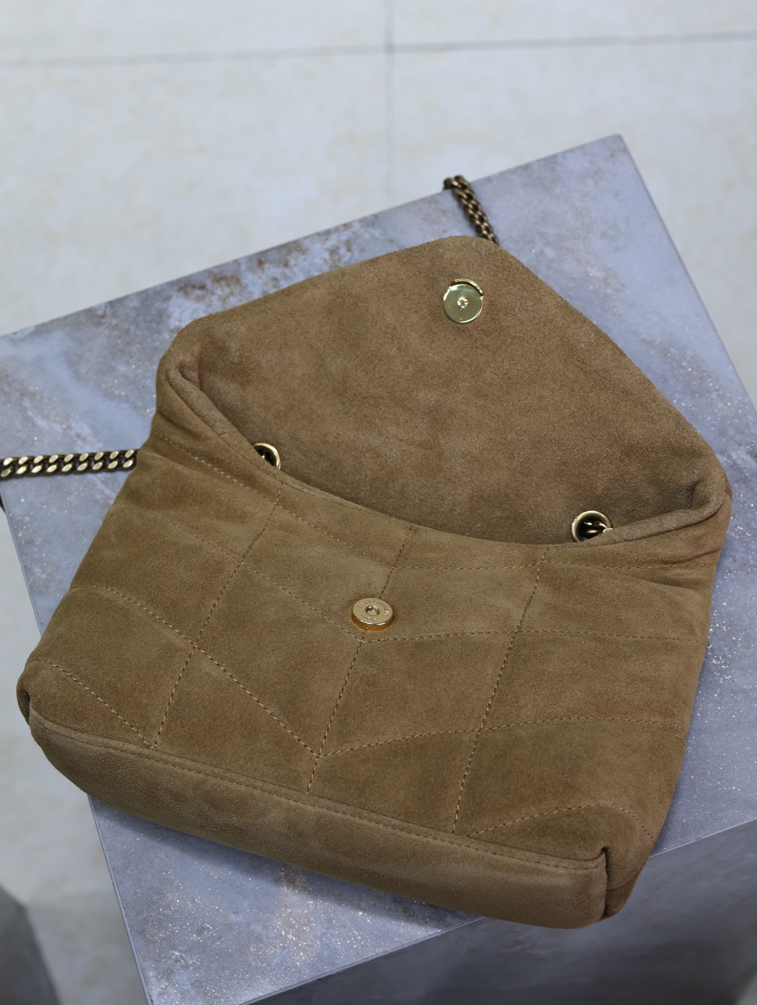 YSL 25S LOULOU PUFFER MINI 23 IN TAN BROWN SUEDE GOLD HARDWARE