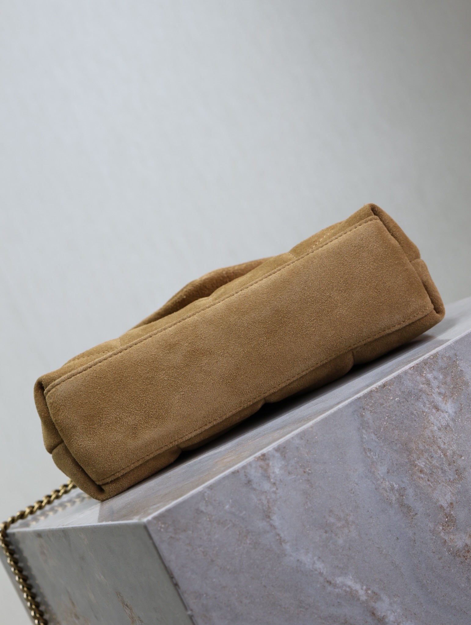YSL 25S LOULOU PUFFER MINI 23 IN TAN BROWN SUEDE GOLD HARDWARE
