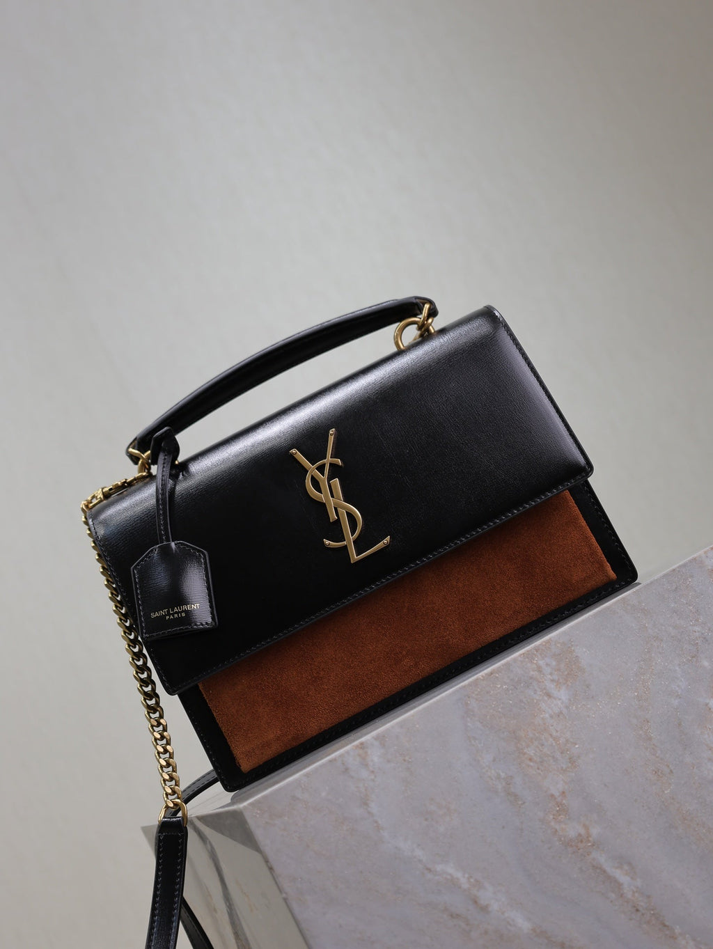 YSL 25S SUNSET MM 25 IN BLACK CALFSKIN AND CARAMEL SUEDE GOLD HARDWRE