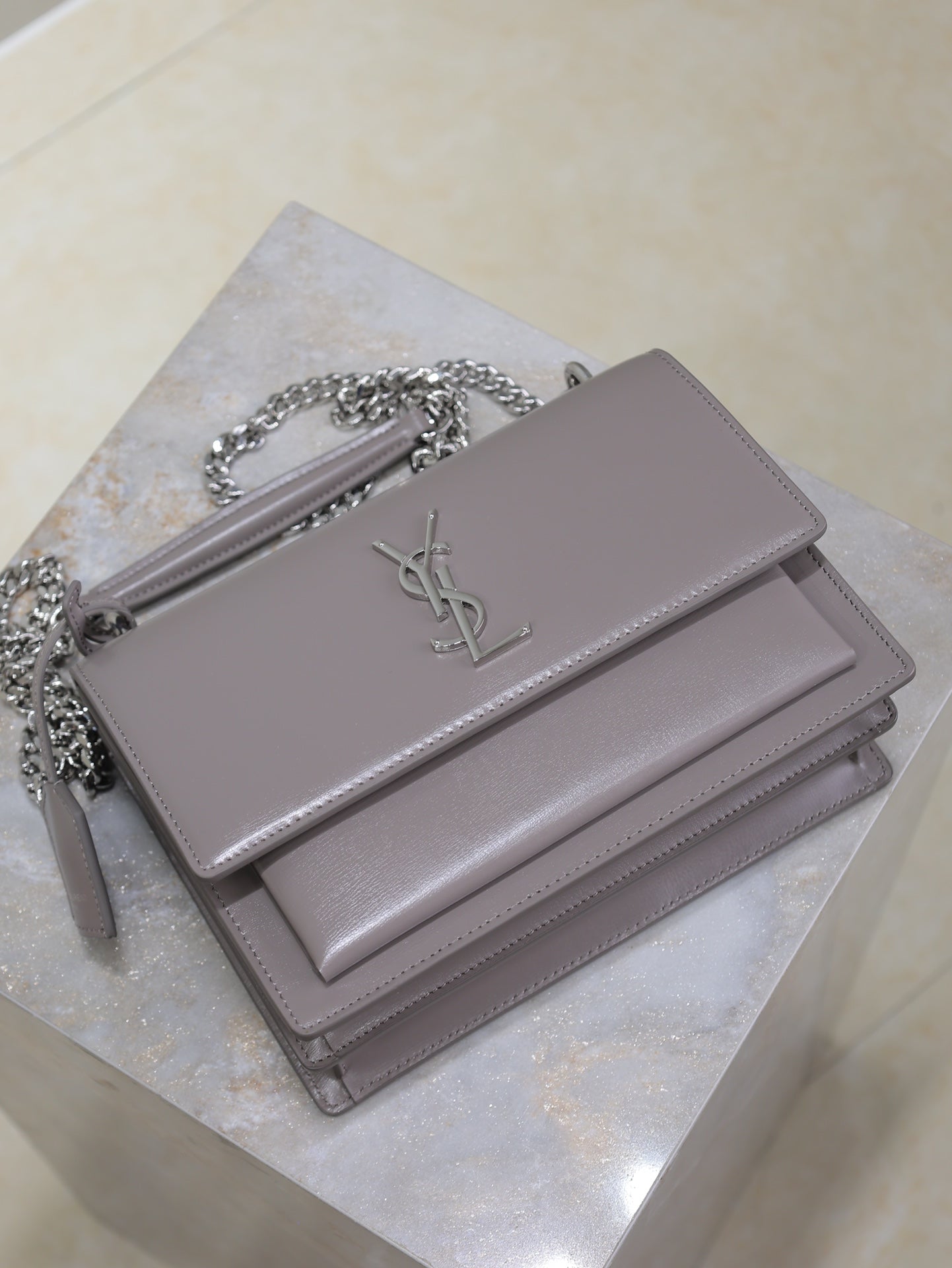 YSL 25S SUNSET BAG 22 IN DARK PURPLE CALFSKIN SILVER HARDWARE
