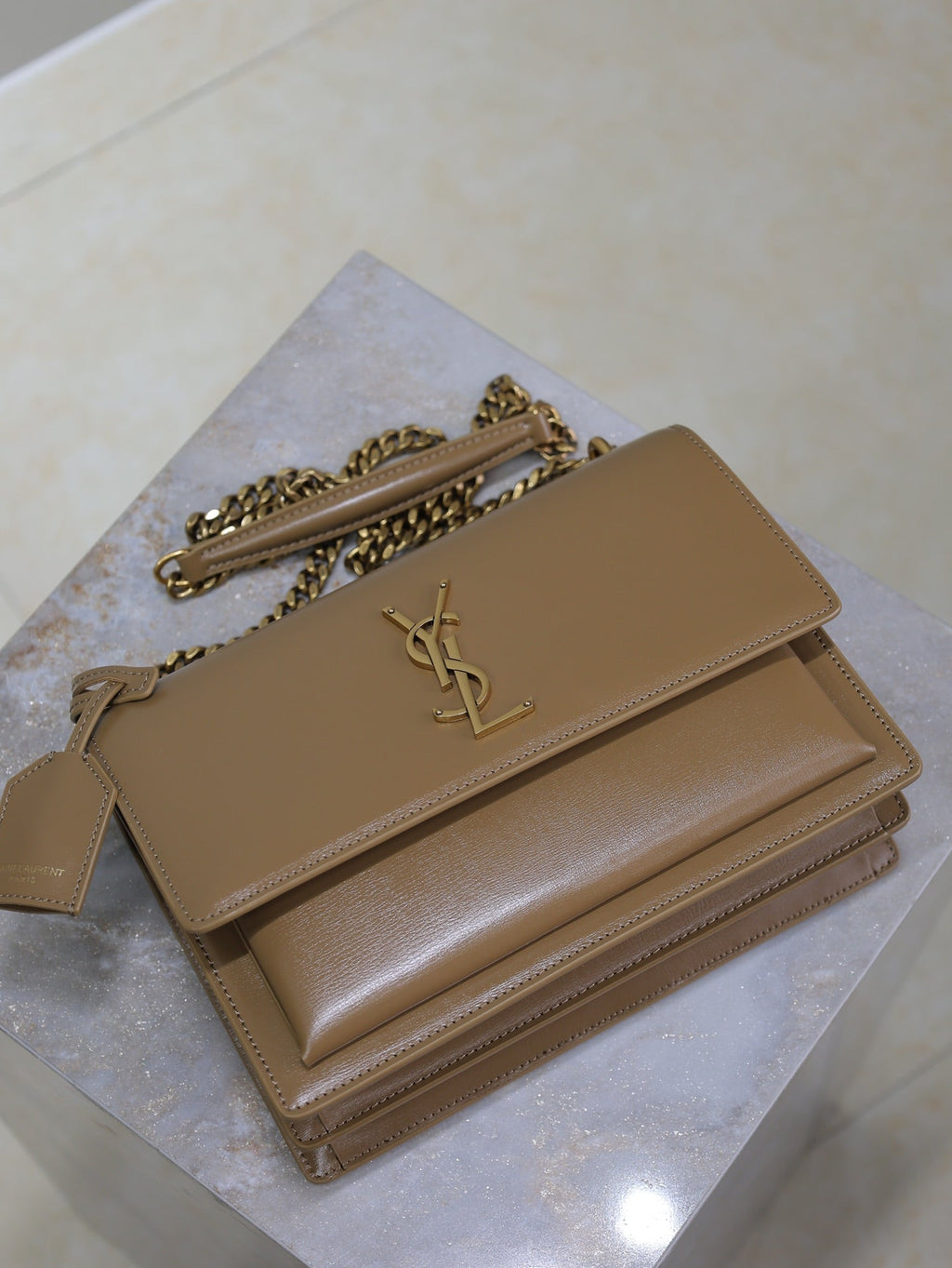 YSL 25S SUNSET BAG 22 IN BROWN CALFSKIN GOLD HARDWRE