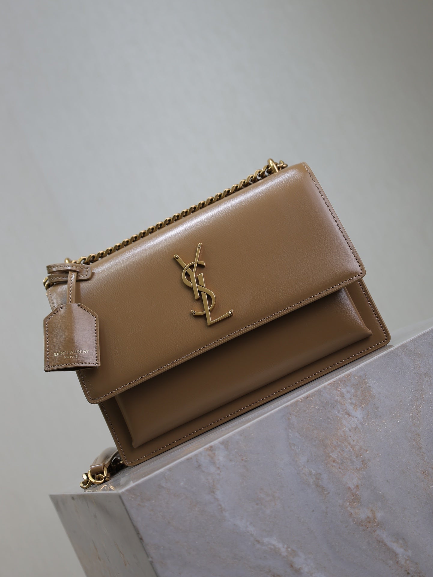 YSL 25S SUNSET BAG 22 IN BROWN CALFSKIN GOLD HARDWRE
