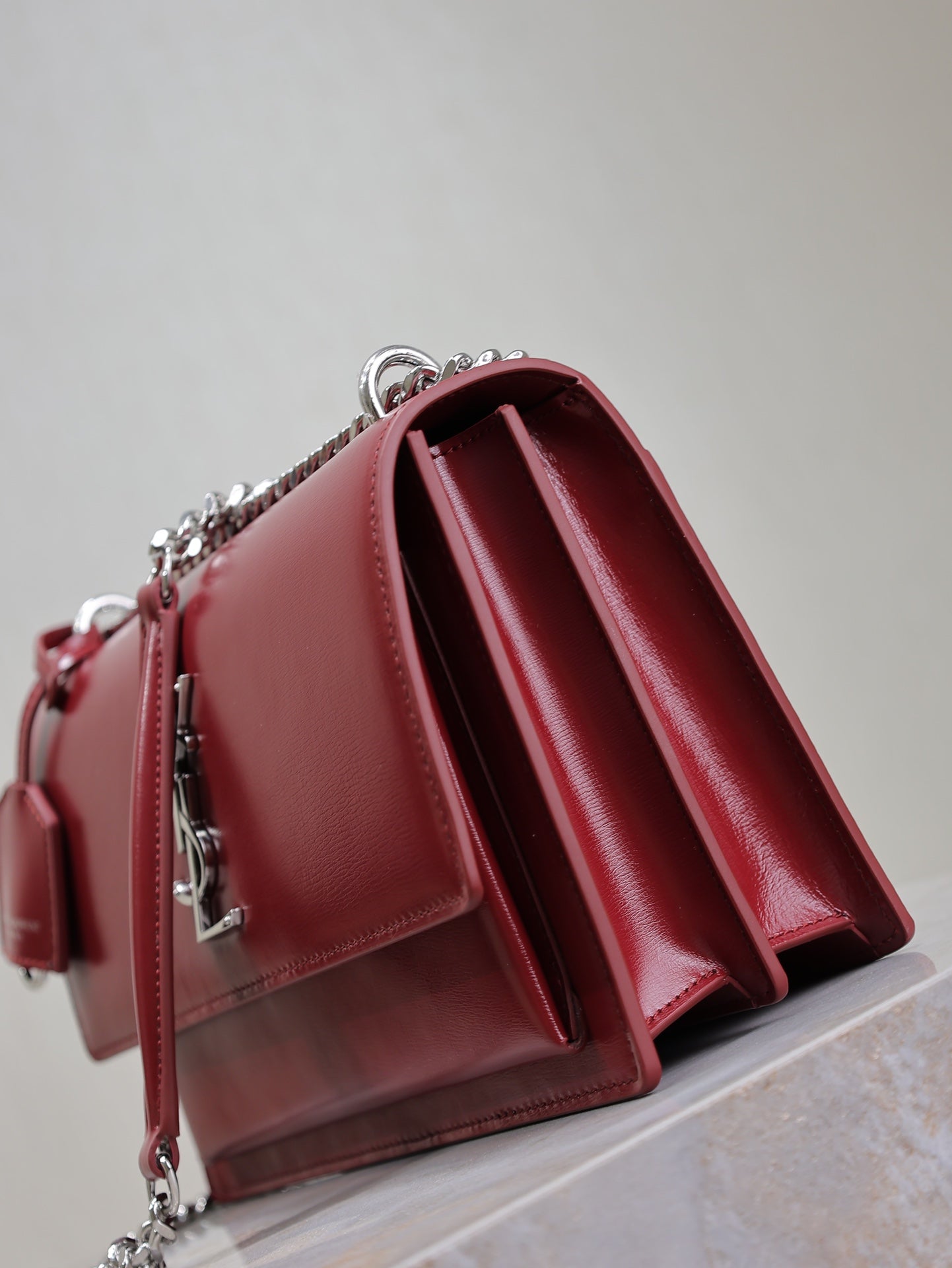 YSL 25S SUNSET BAG 22 IN CRIMSON RED CALFSKIN SILVER HARDWARE