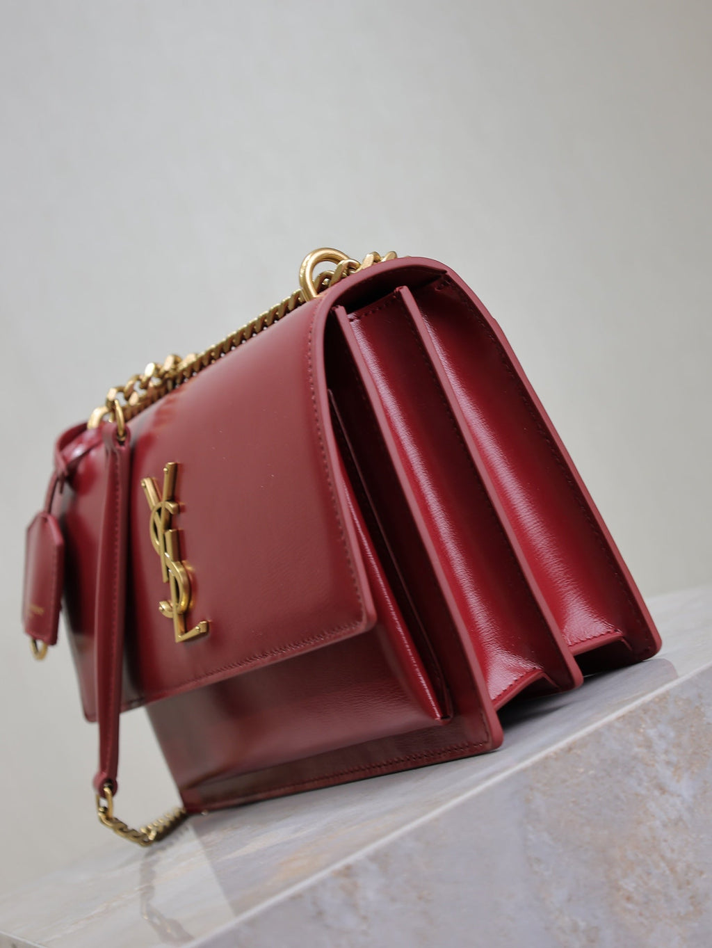 YSL 25S SUNSET BAG 22 IN CRIMSON RED CALFSKIN GOLD HARDWRE