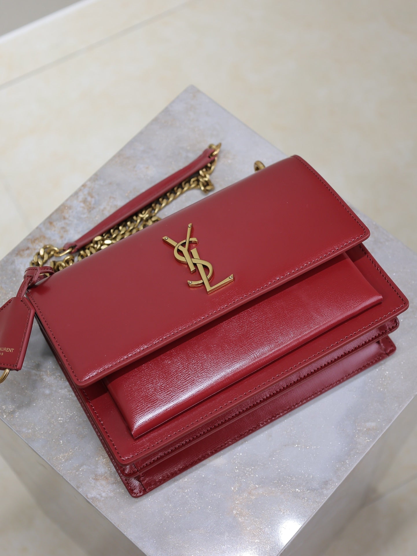 YSL 25S SUNSET BAG 22 IN CRIMSON RED CALFSKIN GOLD HARDWRE