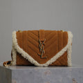 ENVELOPE CHAIN BAG 21 IN BRONZE BROWN SUEDE AND WHITE SHEARLING TRIM GOLD HARDWARE
