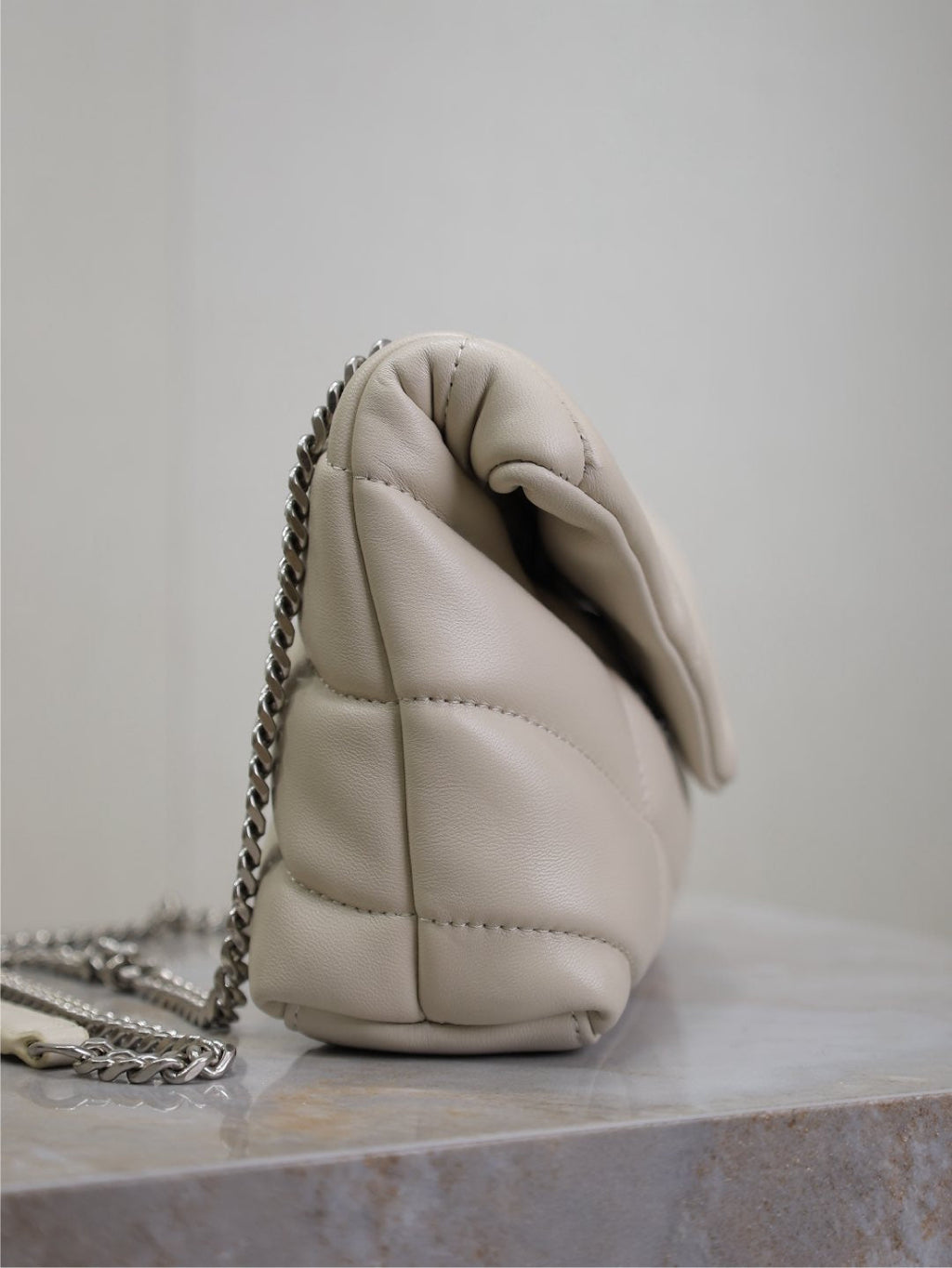 YSL 25S LOULOU PUFFER MINI 23 IN SMOKEY TAUPE CALFSKIN SILVER HARDWARE
