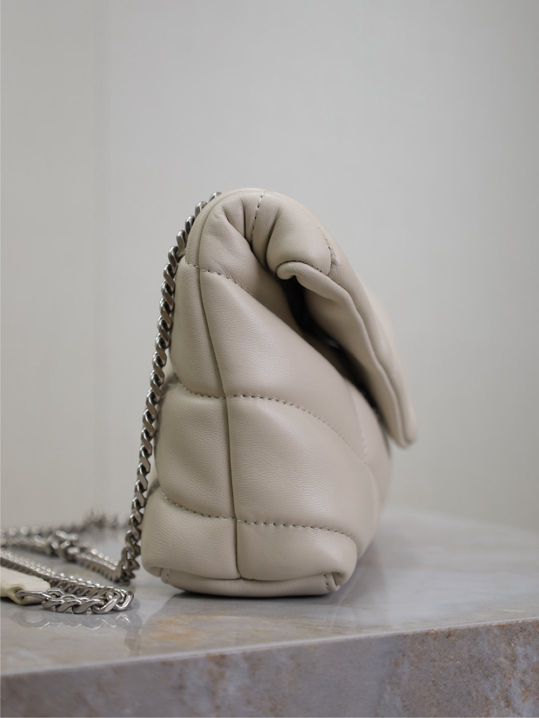 YSL 25S LOULOU PUFFER MINI 23 IN SMOKEY TAUPE CALFSKIN SILVER HARDWARE