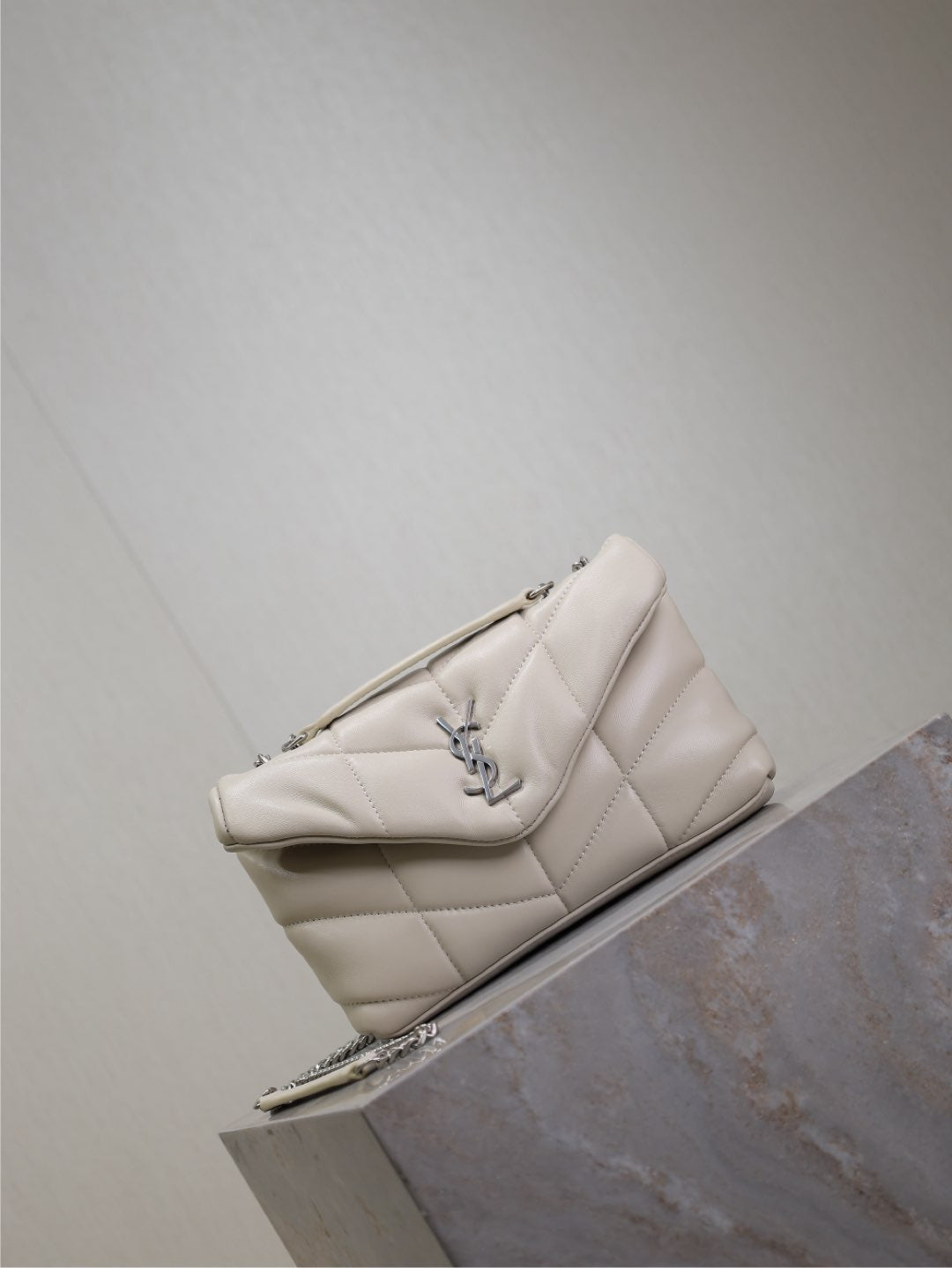 YSL 25S LOULOU PUFFER MINI 23 IN SMOKEY TAUPE CALFSKIN SILVER HARDWARE