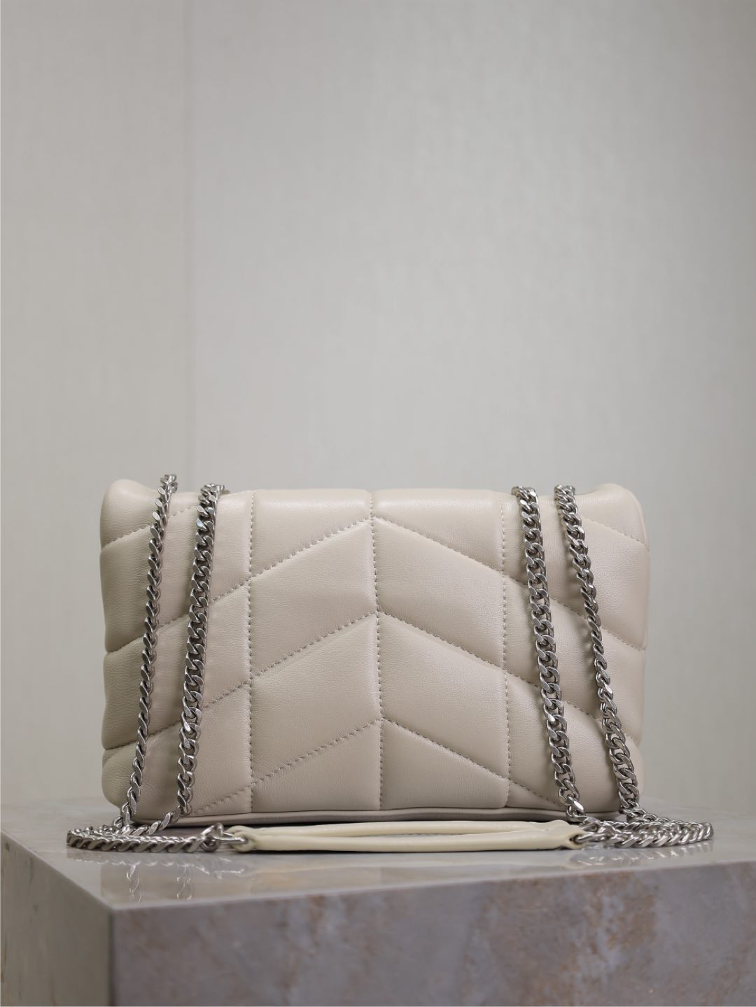 YSL 25S LOULOU PUFFER MINI 23 IN SMOKEY TAUPE CALFSKIN SILVER HARDWARE