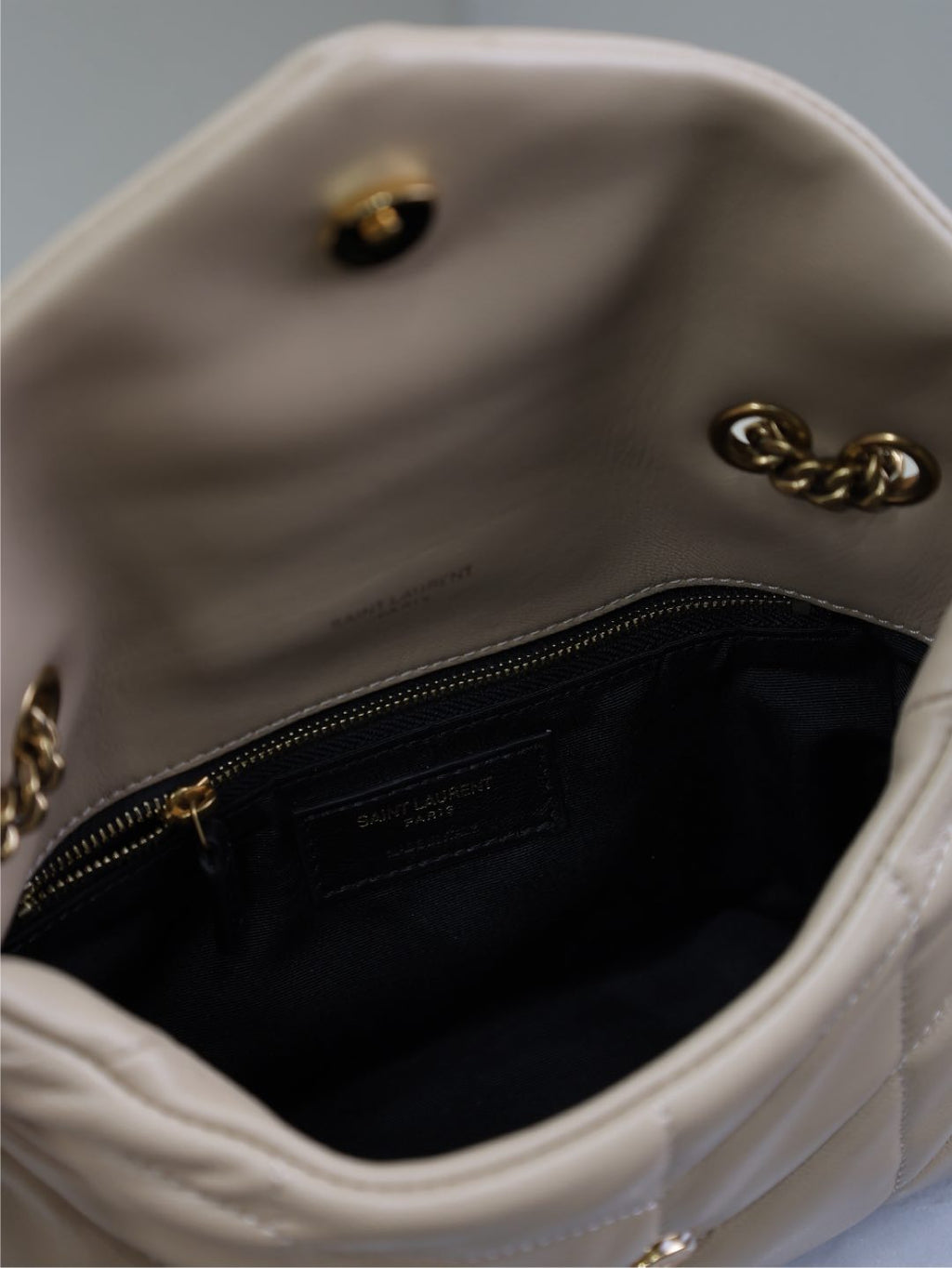 YSL 25S LOULOU PUFFER MINI 23 IN BROWN CALFSKIN GOLD HARDWARE