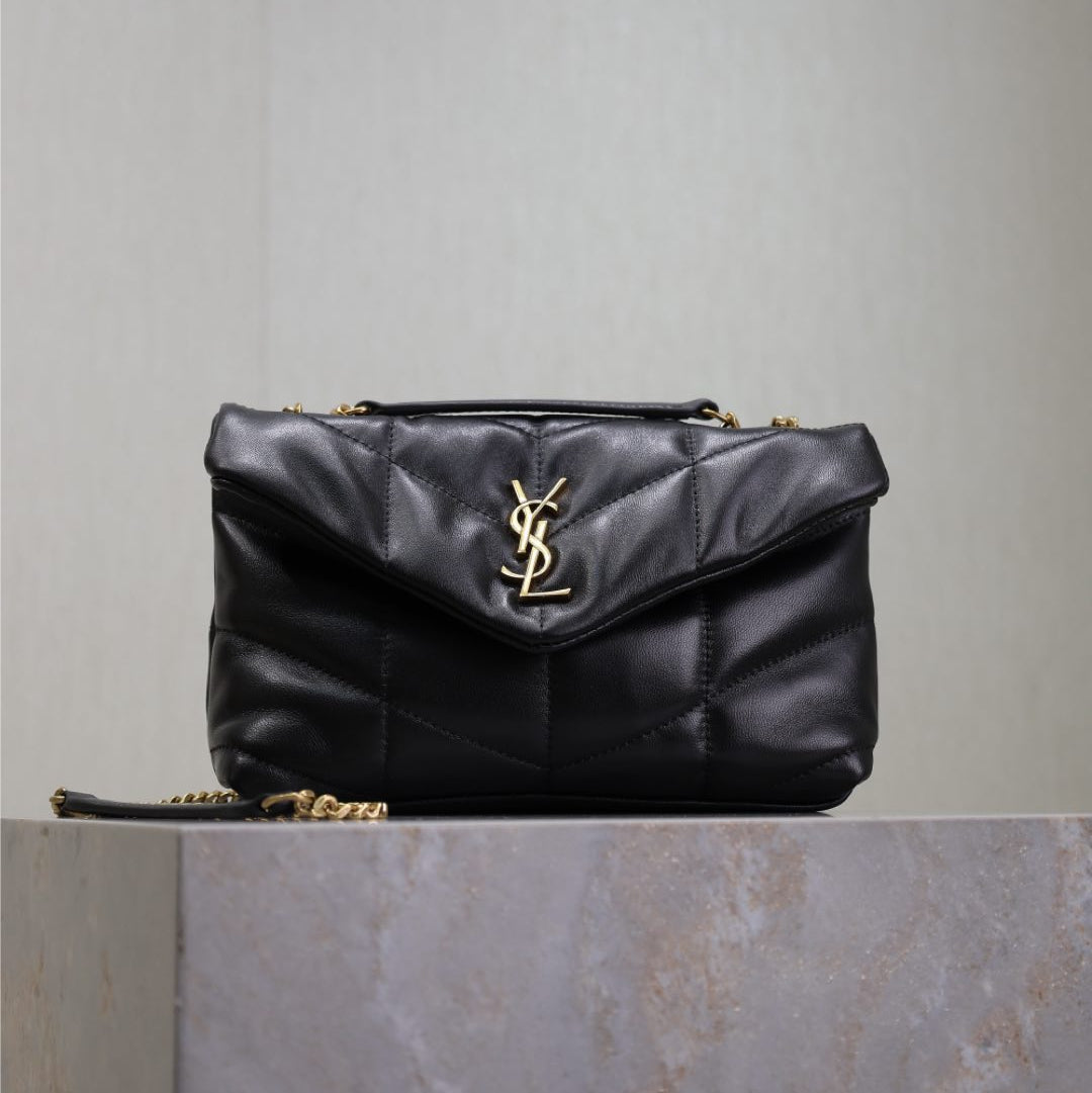 YSL 25S LOULOU PUFFER MINI 23 IN BLACK CALFSKIN GOLD HARDWARE
