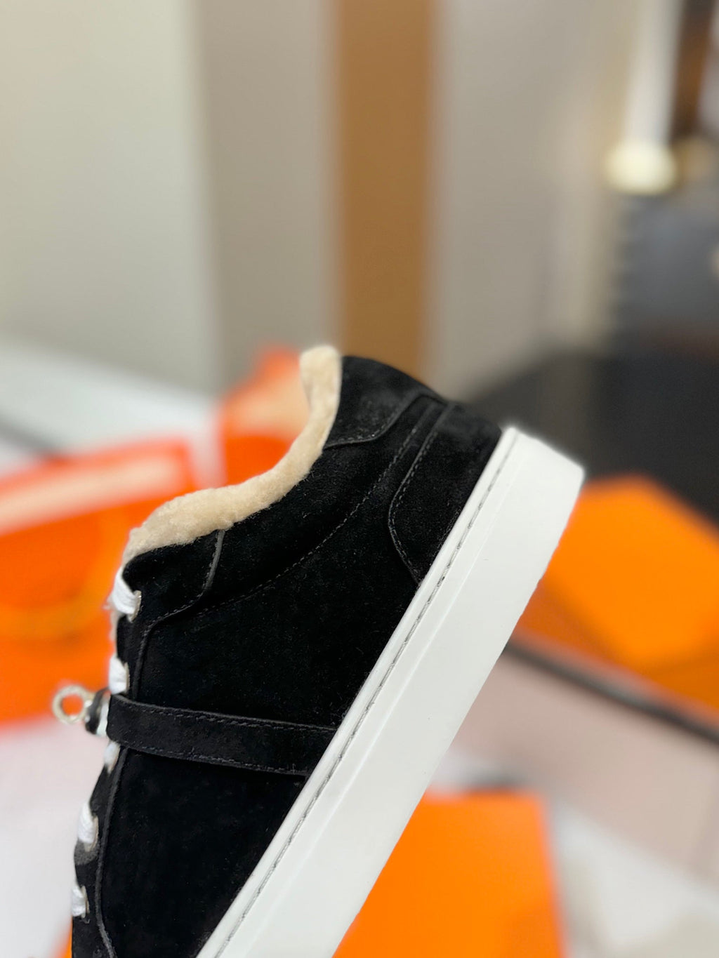 HERMES DAY SNEAKER IN BLACK SUEDE AND FLEECE LINING