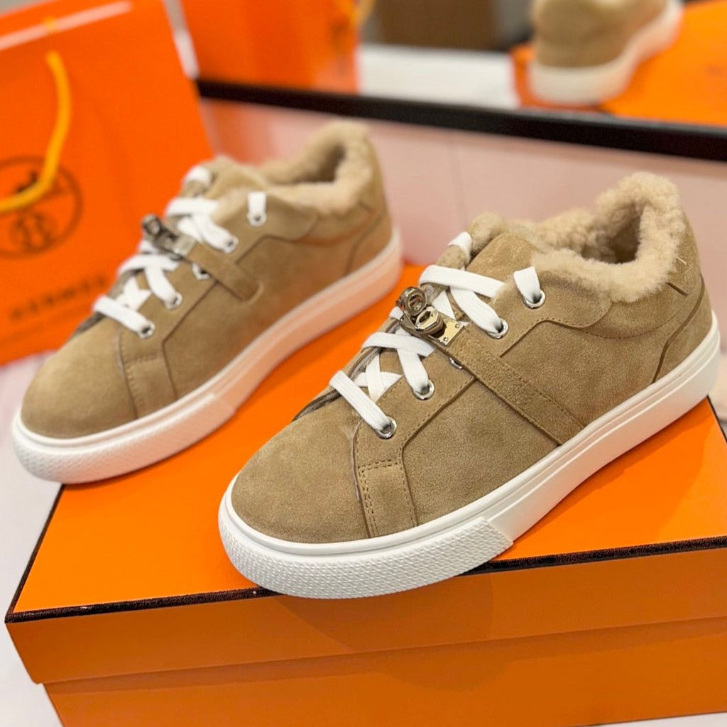 HERMES DAY SNEAKER IN TORTILLA BROWN SUEDE AND FLEECE LINING