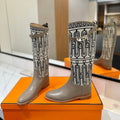 HERMES JUMPING BOOT 2 CM IN PASTEL GRAY CALFSKIN AND BLACK MIX WHITE FABRIC
