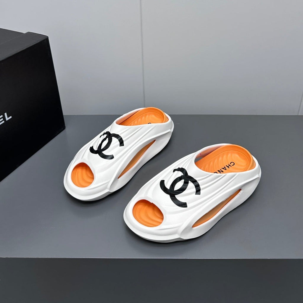 CHANEL New Double C Foam Lightweight Slippers Boat White Orange