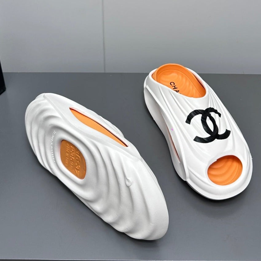 CHANEL New Double C Foam Lightweight Slippers Boat White Orange