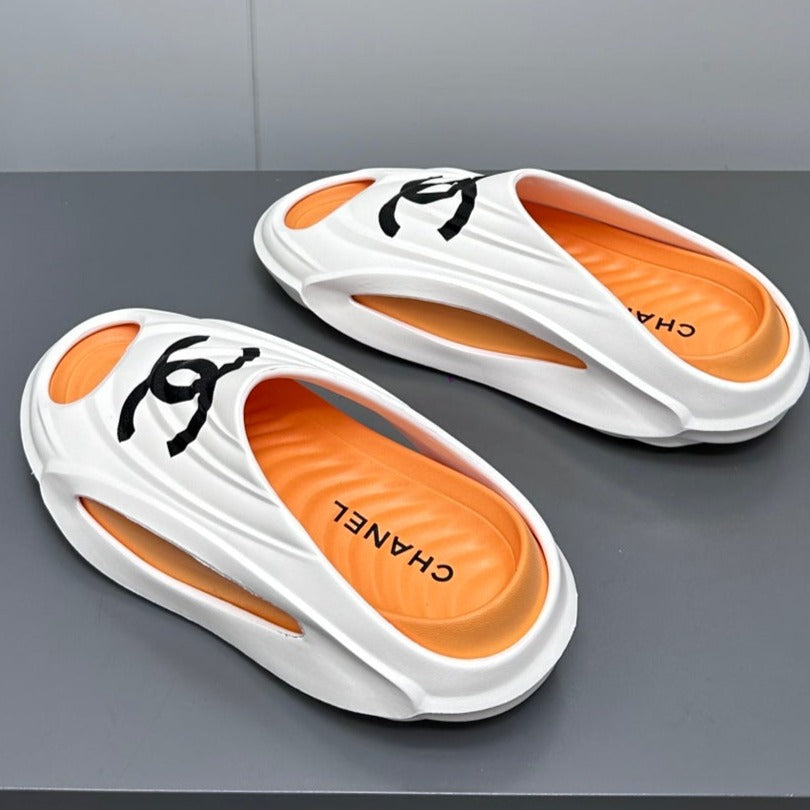 CHANEL New Double C Foam Lightweight Slippers Boat White Orange