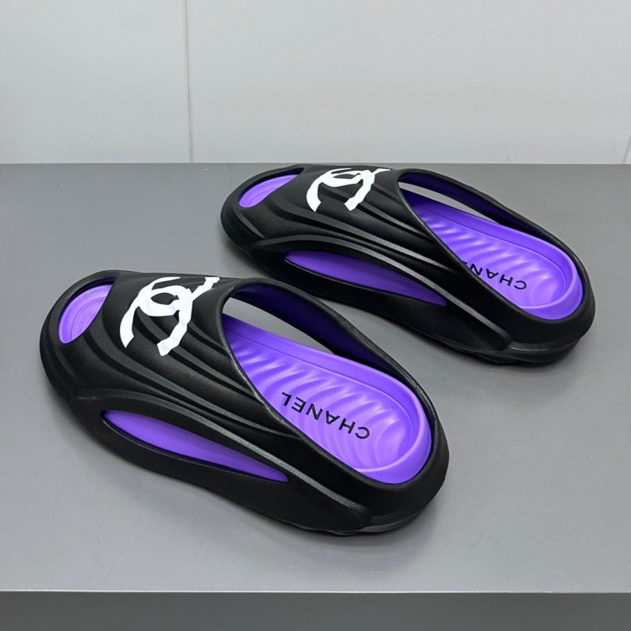 CHANEL New Double C Foam Lightweight Slippers Boat Black Purple