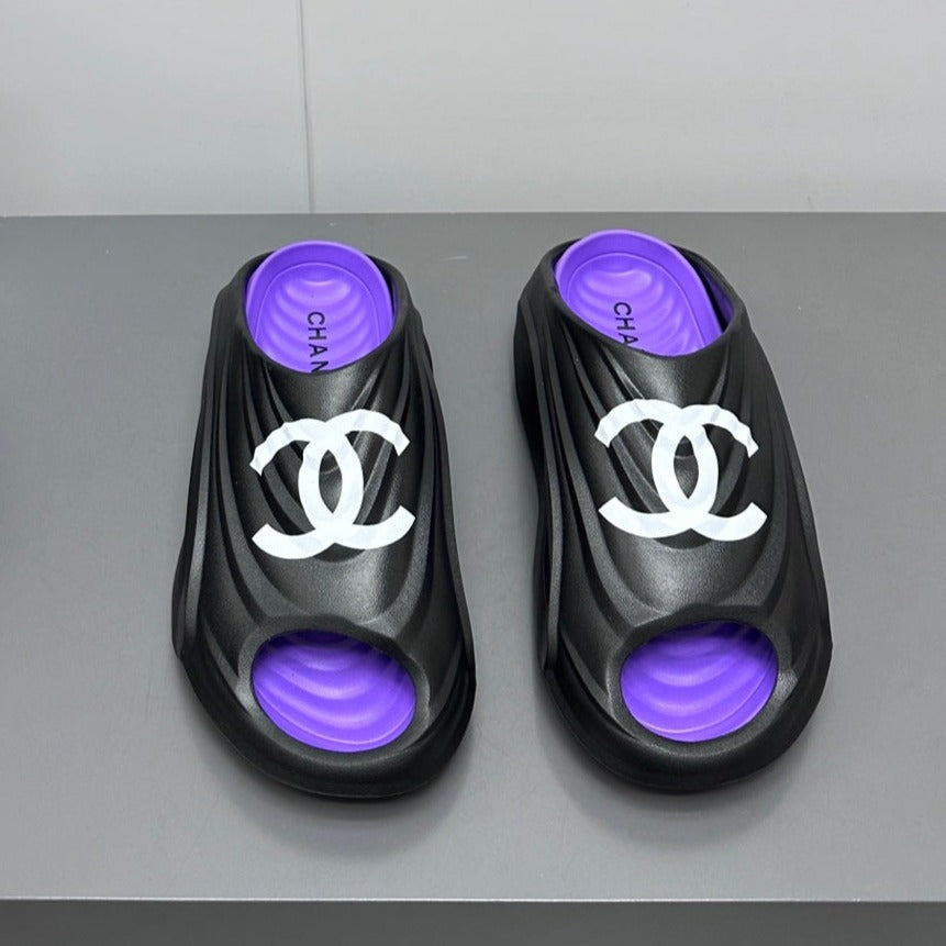 CHANEL New Double C Foam Lightweight Slippers Boat Black Purple