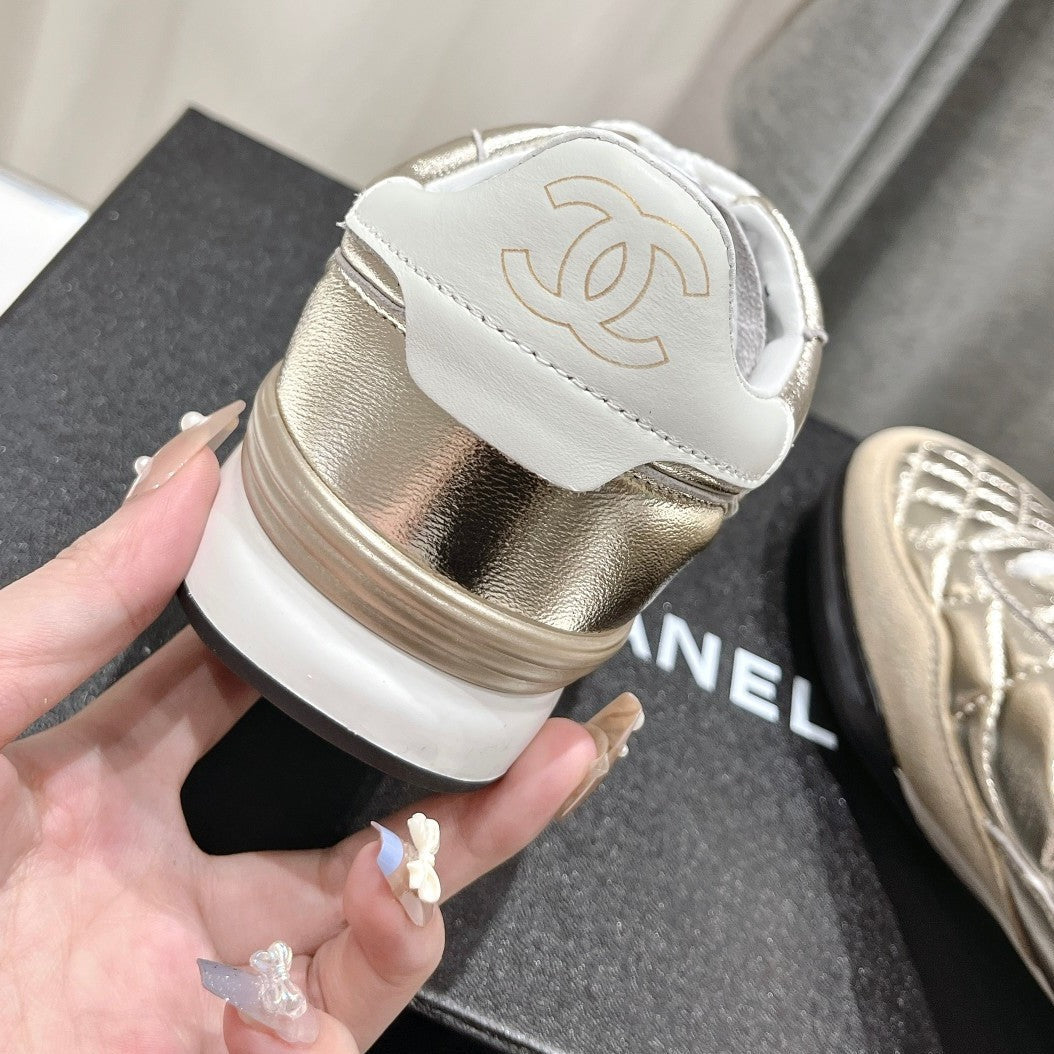 CHANEL Double C  New Quilted Panda Shoes Gold Sheepskin