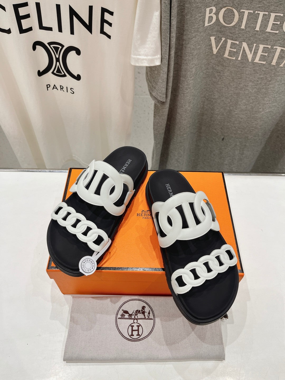 HERMES EXTRA SANDAL BLACK MIX WHITE CALFSKIN