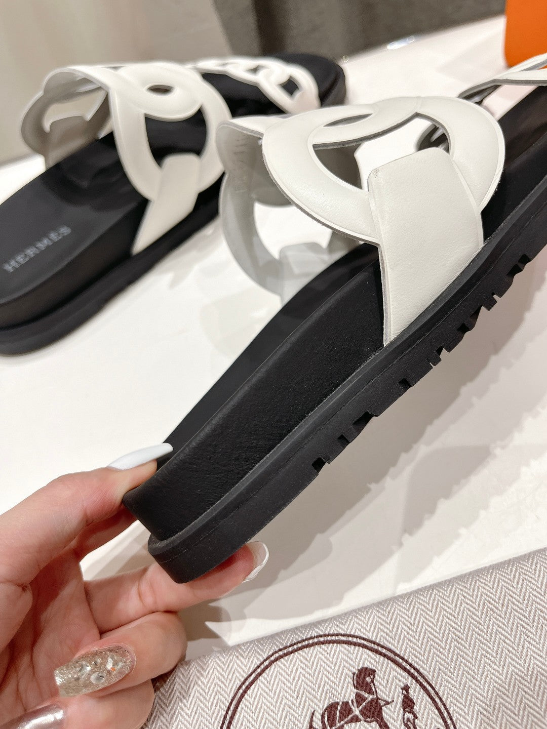HERMES EXTRA SANDAL BLACK MIX WHITE CALFSKIN