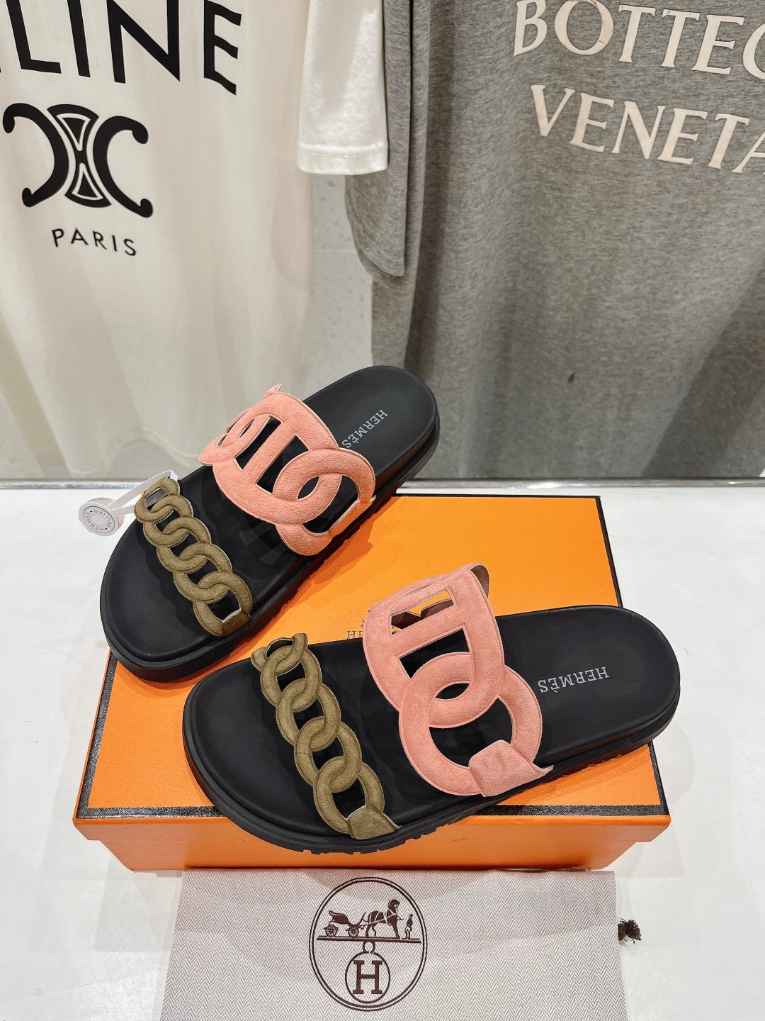 HERMES EXTRA SANDAL BLACK MIX PEACH MIX MOSS CALFSKIN