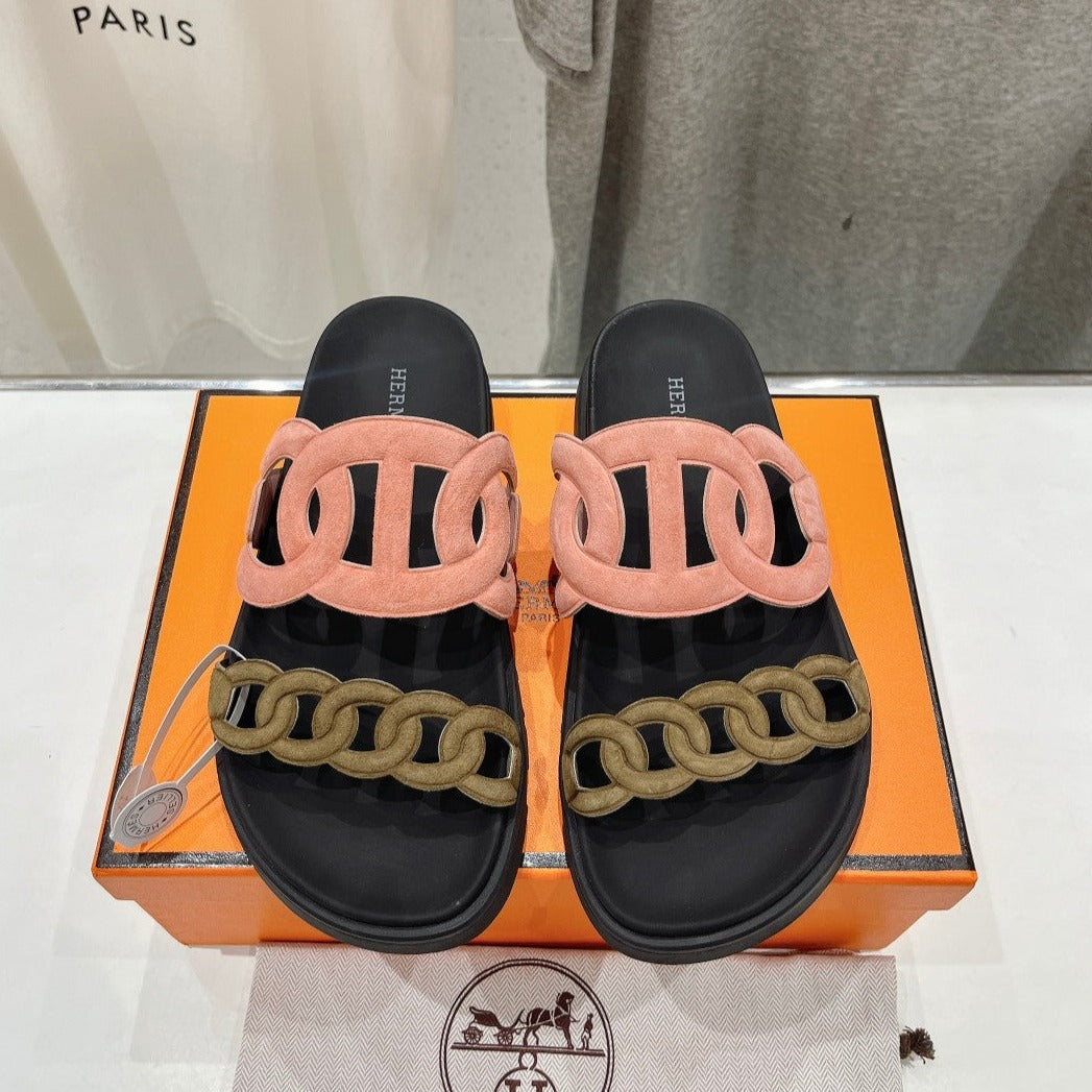 HERMES EXTRA SANDAL BLACK MIX PEACH MIX MOSS CALFSKIN