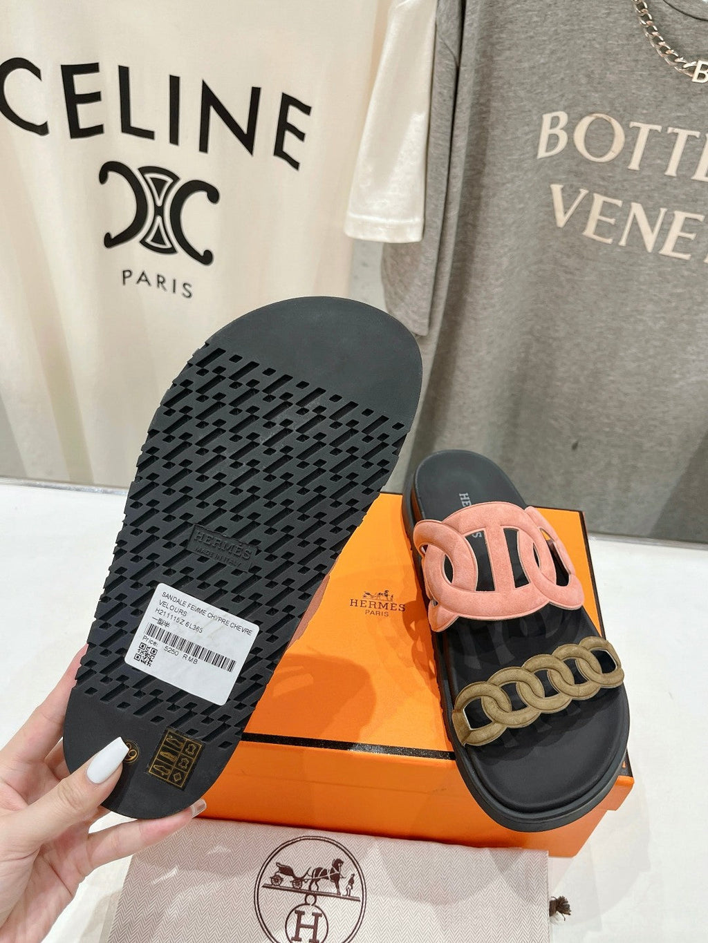 HERMES EXTRA SANDAL BLACK MIX PEACH MIX MOSS CALFSKIN