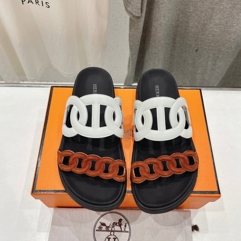 HERMES EXTRA SANDAL BLACK MIX WHITE MIX SYRUP CALFSKIN