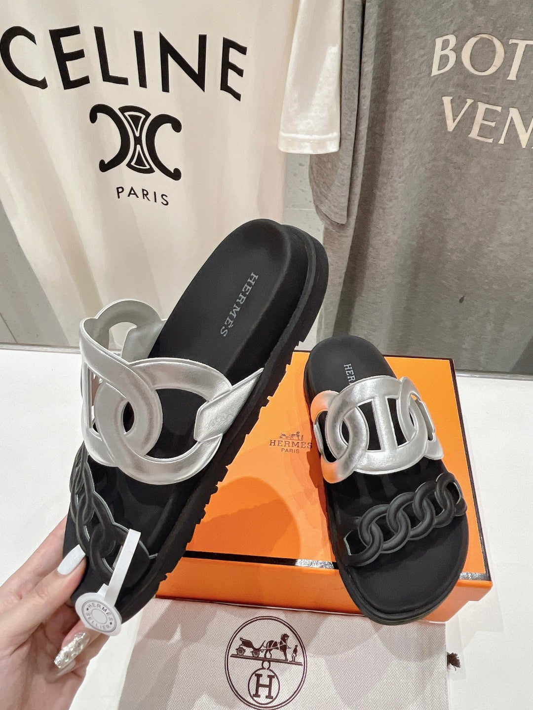 HERMES EXTRA SANDAL PASTEL BLACK MIX SILVER CALFSKIN