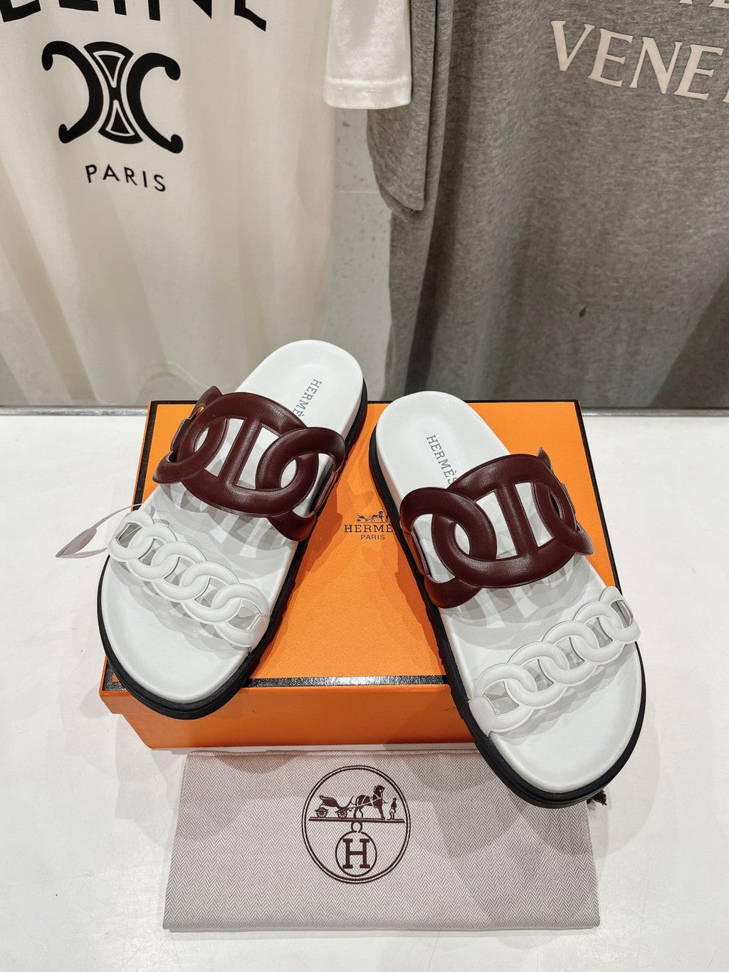 HERMES EXTRA SANDAL WHITE MIX BROWN CALFSKIN