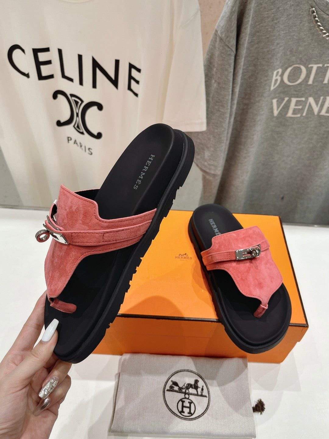 HERMES EMPIRE SANDAL BLACK MIX PINK SUEDE