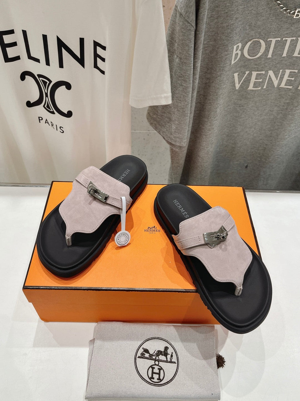 HERMES EMPIRE SANDAL BLACK MIX LIGHT GRAY SUEDE