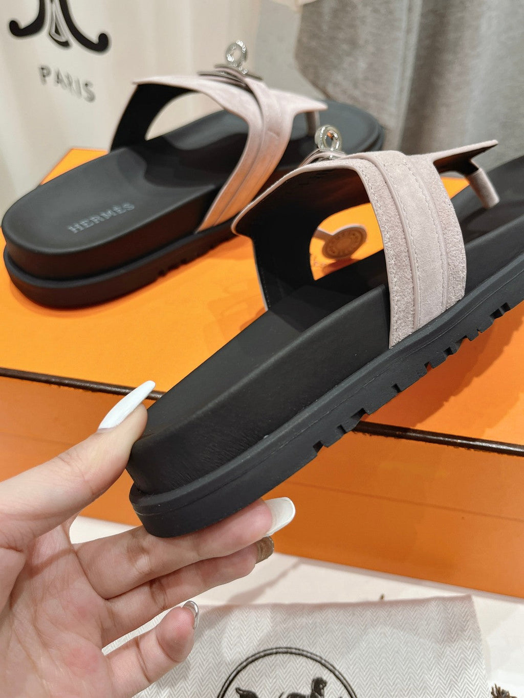 HERMES EMPIRE SANDAL BLACK MIX LIGHT GRAY SUEDE